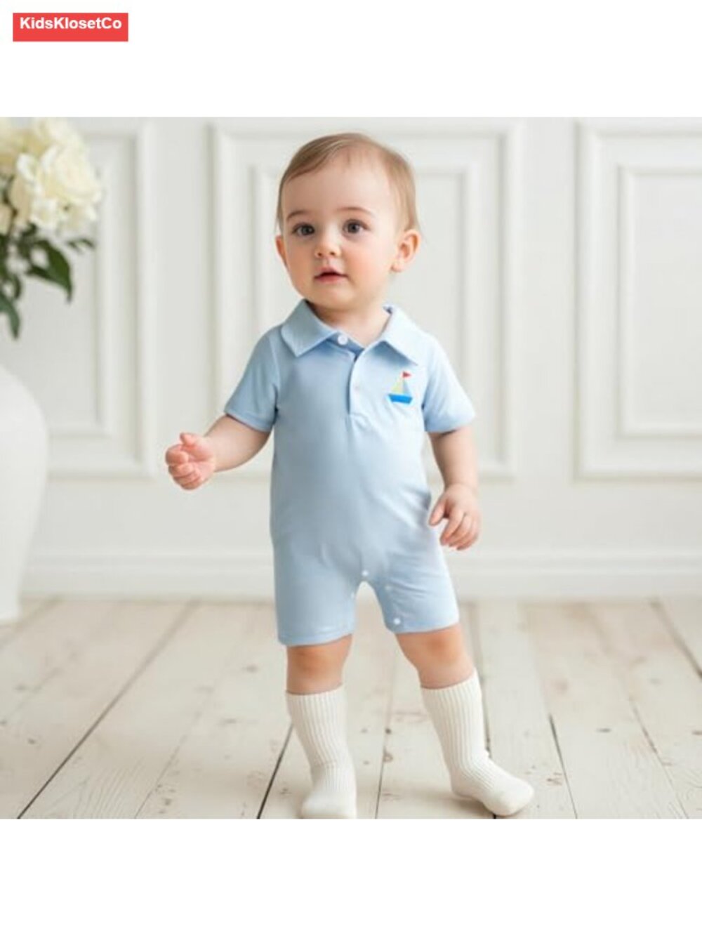 Baby Boy Short Sleeve Embroidery Collared Romper Bodysuit Jumpsuit - Picture 4 of 5